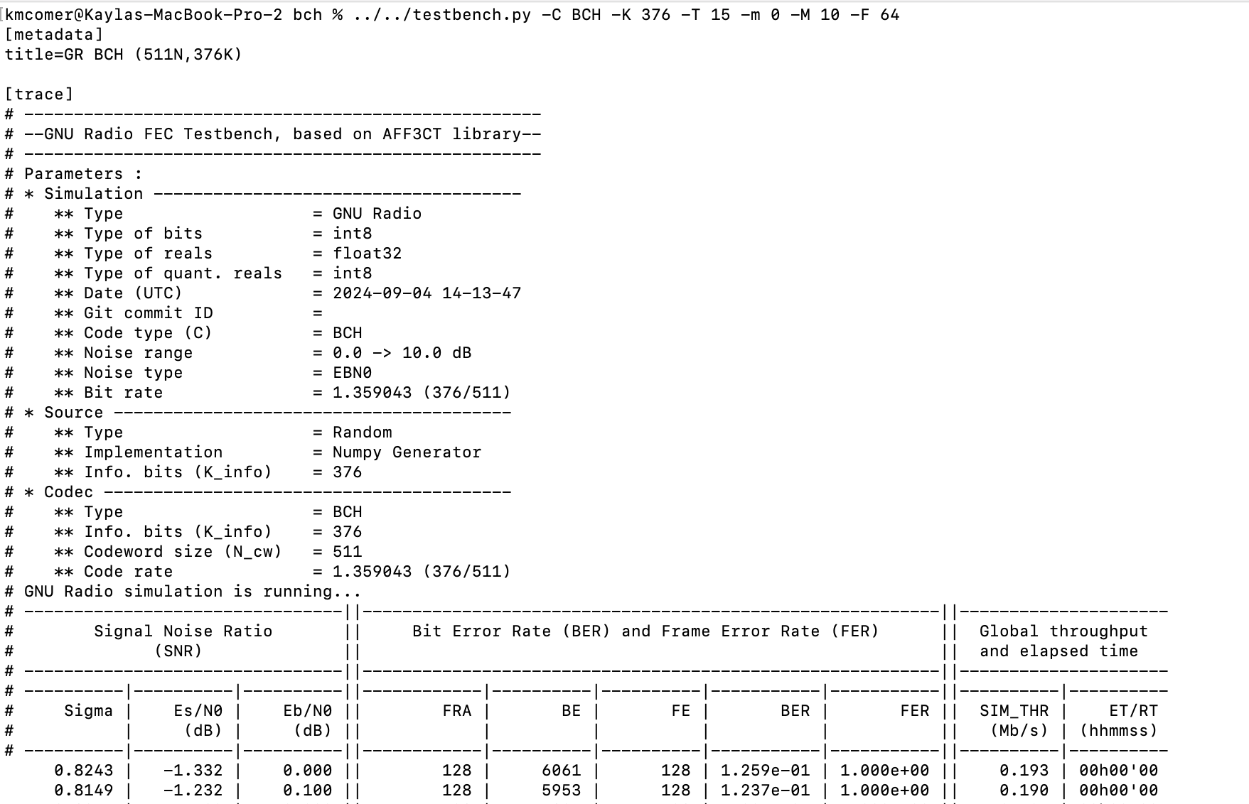 Screenshot of gr-fec_dev simulation